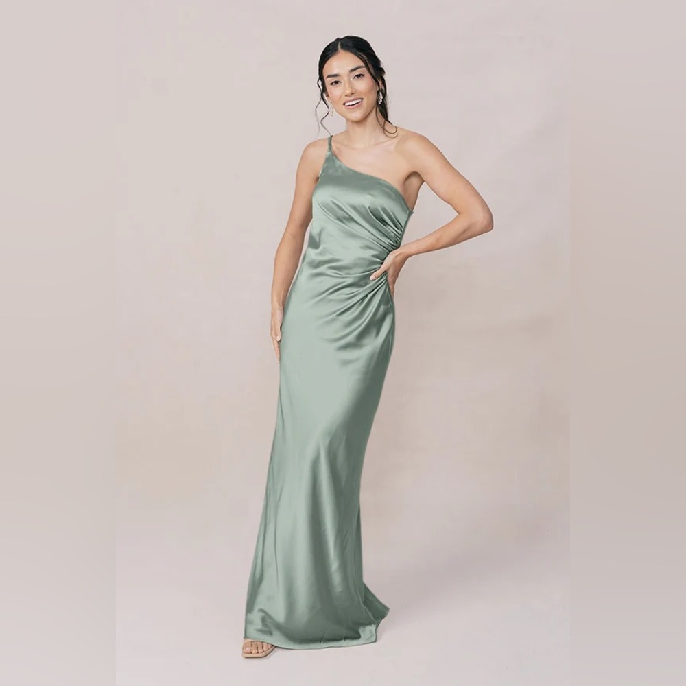 Revelry Jade Satin One Shoulder Bridesmaid Dress in sage size 8